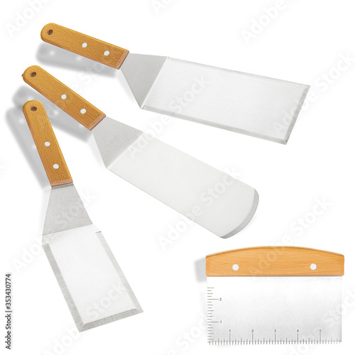 Barbecue and grill tools set on White Background, spatula blade scraper bottle tongs hook