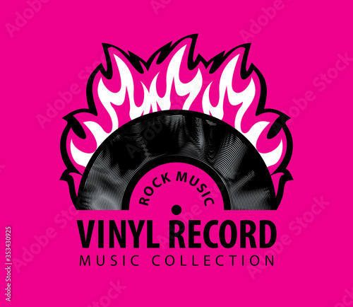 Vector banner for rock music with black vinyl record on fire and words Vinyl record, Music collection on a bright crimson background. Suitable for poster, placard, flyer, invitation, icon or logo