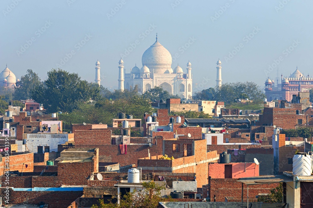 Taj Mahal is a UNESCO World heritage site and one of 7th Wonder of the World.view from roof of Agra city, Uttar Pradesh, India