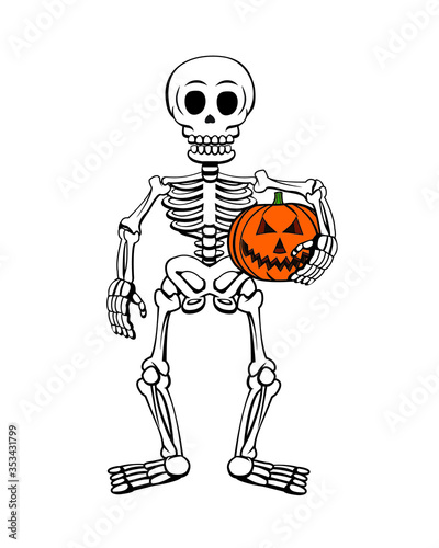 Vector illustration of a Halloween skeleton holding a pumpkin