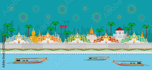 Celebration in Thailand and landmarks. Long tail boat on Chao Phraya River. Vector illustration