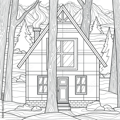 House among the trees. Mountains on the background.Coloring book antistress for children and adults. Illustration isolated on white background.Zen-tangle style.