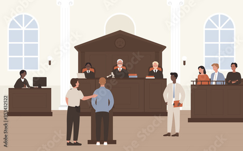 People in Court vector illustration. Cartoon flat advocate barrister and accused character standing in front of judge and jury on legal defence process or court tribunal, courtroom interior background