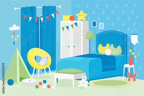 Kid boy room interior vector illustration. Cartoon flat modern empty blue children bedroom in house apartment with bed, window, toys for child games and cosmos furniture decoration design background