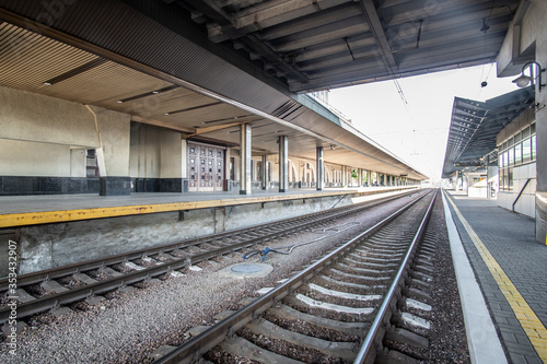 Kyiv, Ukraine - May 27, 2020: Empty closed central railway station in Kiev due to quarantine related to coronavirus