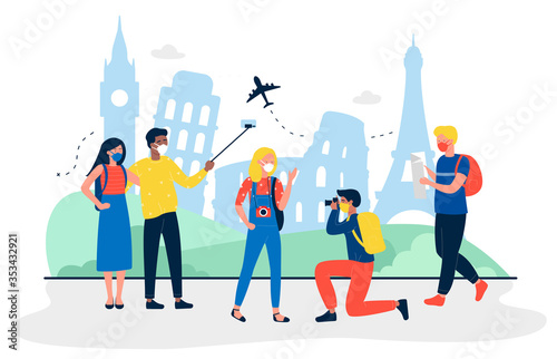 Tourists with medical masks are at sightseeing flat travel vector illustration. People making photo and selfie for memory. Men and women wearing protection from virus. Travel agency concept
