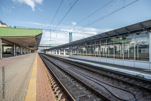 Kyiv, Ukraine - May 27, 2020: Empty closed central railway station in Kiev due to quarantine related to coronavirus