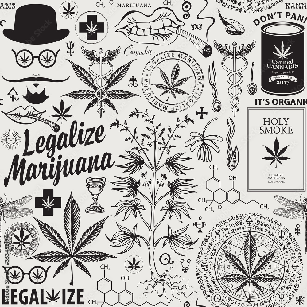 Vector seamless pattern in retro style on the theme of marijuana legalization. Black and white repeatable background with hand-drawn hemp leaves, cannabis plant, hipster face and other sketches