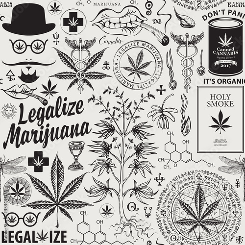 Vektorová grafika „Vector seamless pattern in retro style on the theme of  marijuana legalization. Black and white repeatable background with  hand-drawn hemp leaves, cannabis plant, hipster face and other sketches“ ze  služby