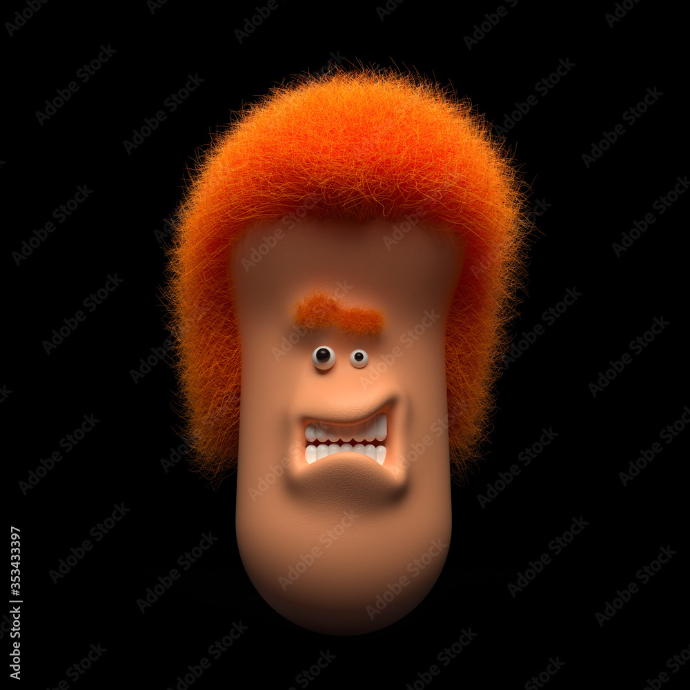 3d render of abstract angry cartoon character with big head in cylinder  shape with curly orange hairs and eyebrows with no cemetery eyes and big  told white teeth on black background Stock