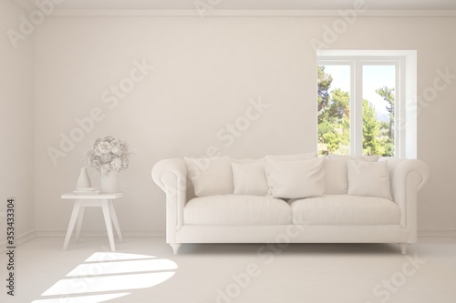 White living room with sofa and summer landscape in window. Scandinavian interior design. 3D illustration