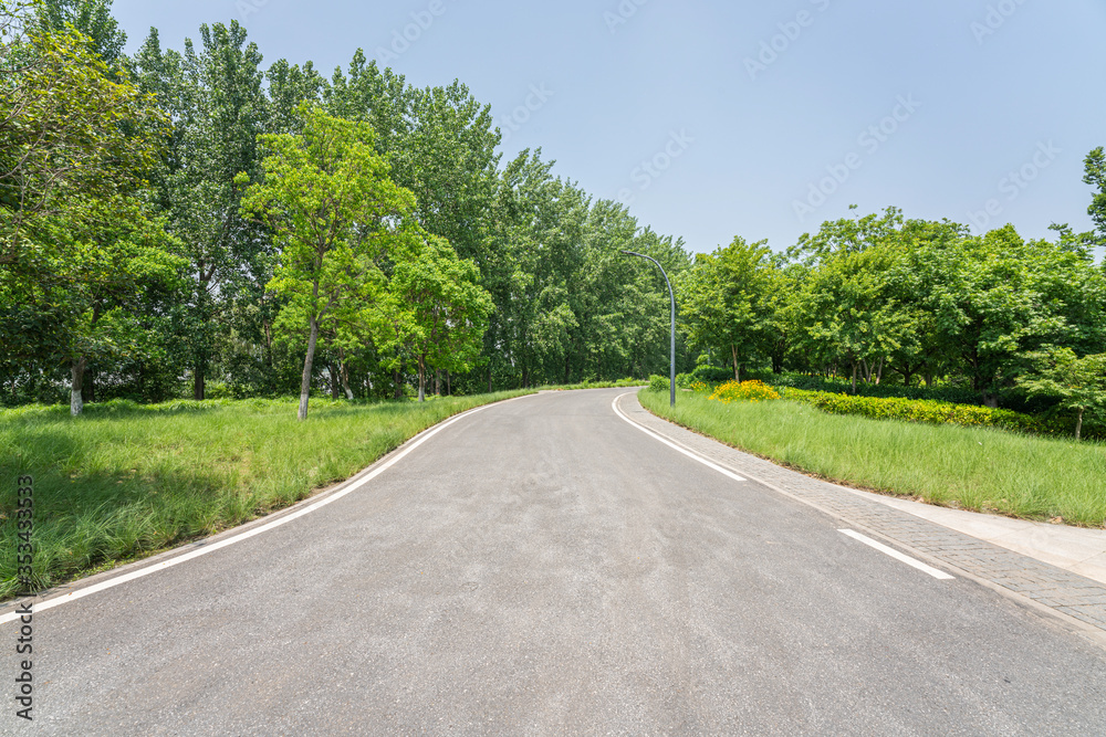 Empty road and green park