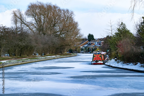 Leeds to Liverpool canal frozen in winter at Blackburn, Lancashire, England