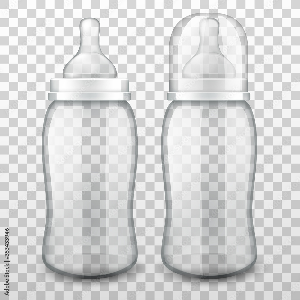 Vector realistic baby bottles with silicone nipples for feeding newborns, isolated on transparent background. Empty glass containers for milk infant formula or water. Accessory for small kids. Vector realistic baby bottles with silicone nipples for feeding newborns, isolated on transparent background. Empty glass containers for milk infant formula or water. Accessory for small kids.