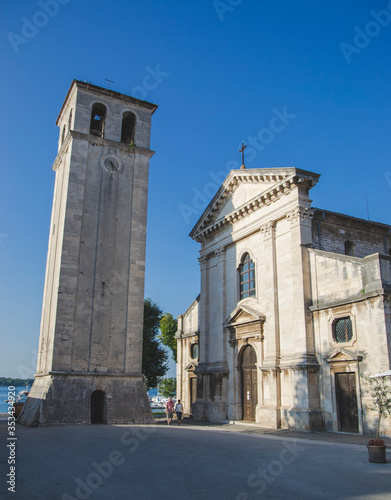 Ancient churches located in Pula city, Croatia. Old historic landmarks in Europe. Touristic concept with cathedrals and temples near the sea. Antique buildings.
