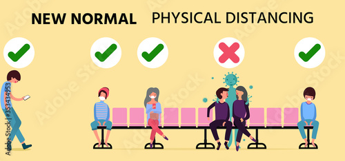 New normal concept and physical distancing,people use public area keep distance and wearing face mask prevention from disease,New normal after COVID-19 disease outbreak,vector illustration for graphic