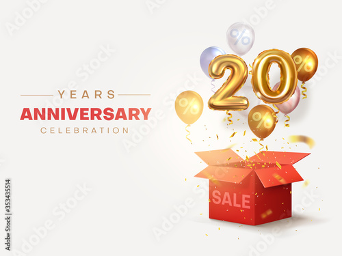 Celebrating the twentieth anniversary. Balloons with confetti flying out of the box, number 20. Birthday or wedding decorations. Sale. Holiday discount. Vector illustration