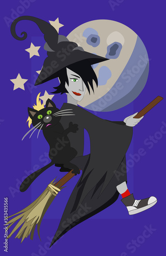 Vector illustration of a fabulous cartoon witch flying on a broomstick with a black cat on a blue background with the moon and stars.