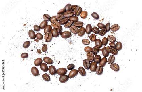 Top view coffee beans and coffee powder isolated on a white background.