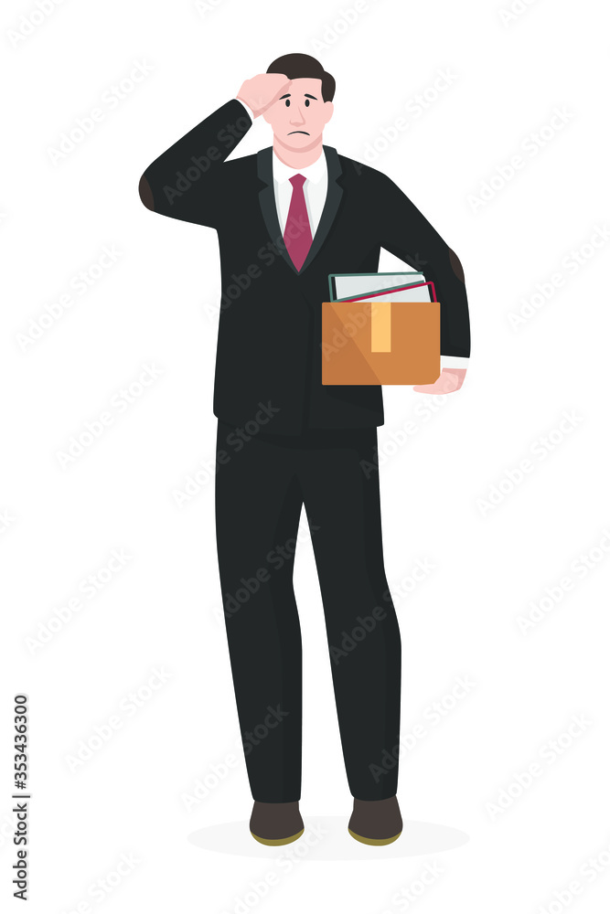 Fired employee holds personal belongings box, simple business people concept on white background for your design work, presentation, website or others. Fired employee holds personal belongings box, simple business people concept on white background for your design work, presentation, website or others.
