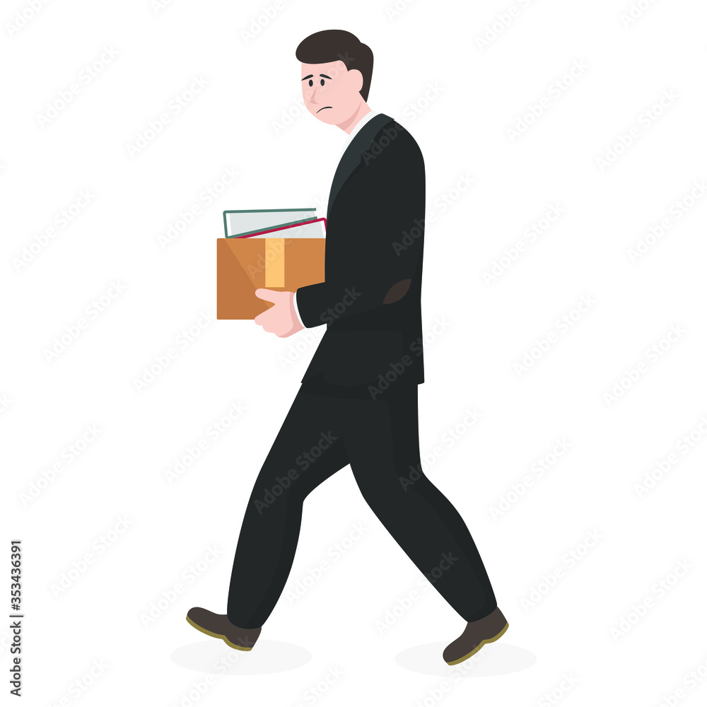 Fired employee holds personal belongings box, simple business people concept on white background for your design work, presentation, website or others. Fired employee holds personal belongings box, simple business people concept on white background for your design work, presentation, website or others.