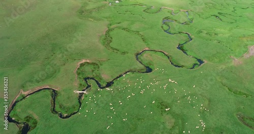 Meandering stream with mountains and clouds at The Persembe Plateau at Ordu, Turkey Drone and Aerial shot about plateu natural lanscape. photo