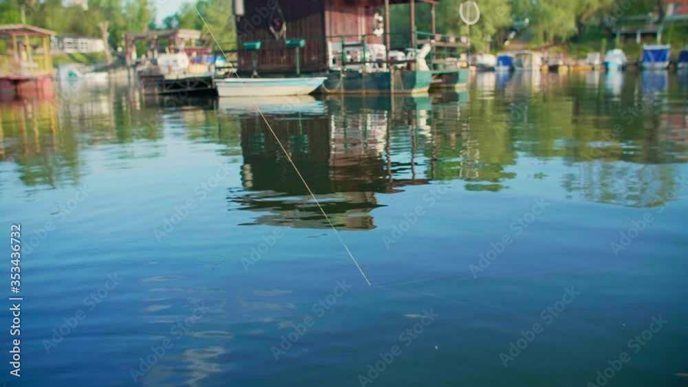 Fishing lure on green line attracting fish near the surface
