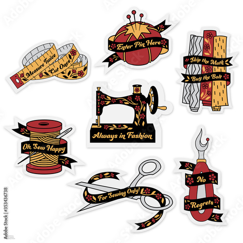 Sewing Supplies with Sewing Sayings, Sewing Quotes, Phrases, Sewing Machine, Fabric, Pin Cushion, Measuring Tape, Spool of thread, scissors, ripper, tattoo, vintage, crafter pride, yellow, black, red