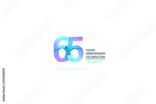 65 years anniversary celebration logotype. anniversary logo with watercolor purple and blue isolated on white background, vector design for celebration, invitation card, and greeting card-vector