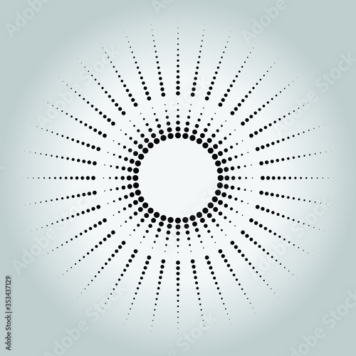 Radial black arrow speed lines in round form. Halftone dots. Explosion background. Star rays. Sunburst. Design element for frames, prints, web, template, logo and textile pattern
