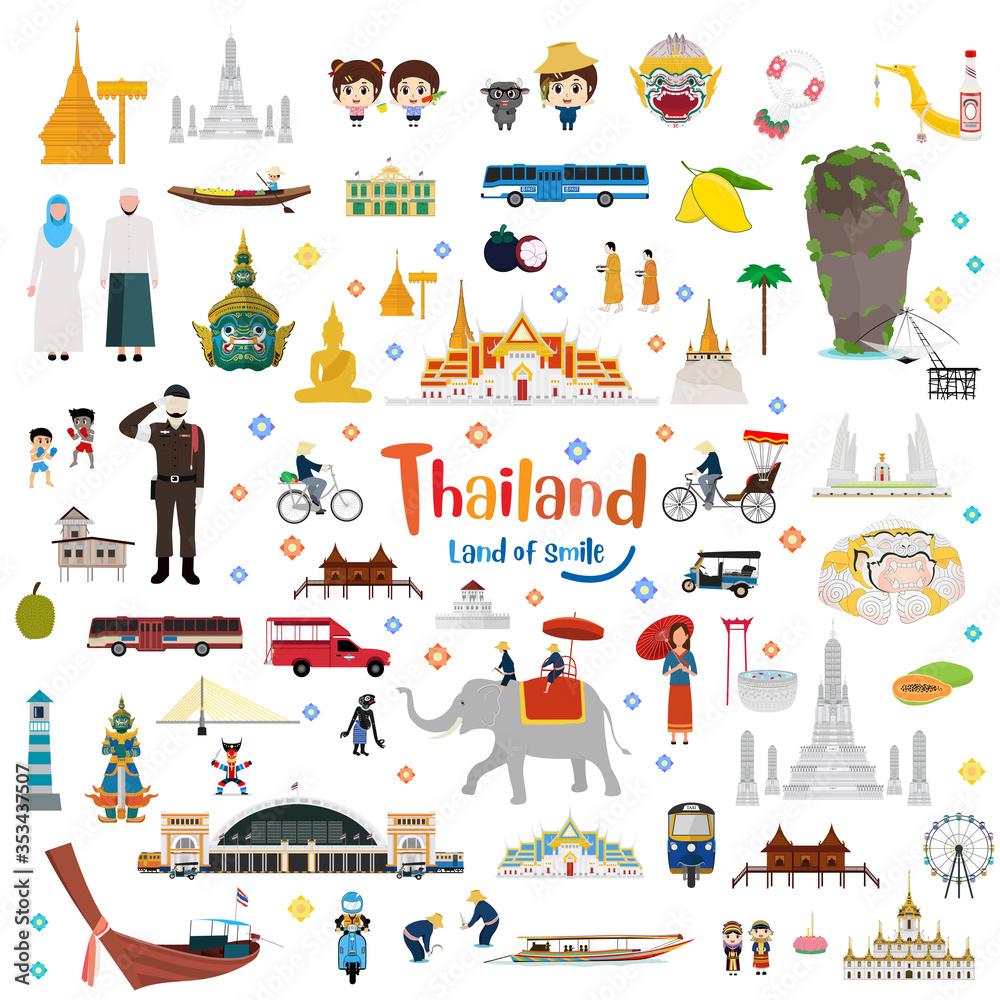 Fototapeta premium Great of Thailand and Golden Grand Palace, Lifestyle, Landmarks, Buddhism, Transportation in flat style 