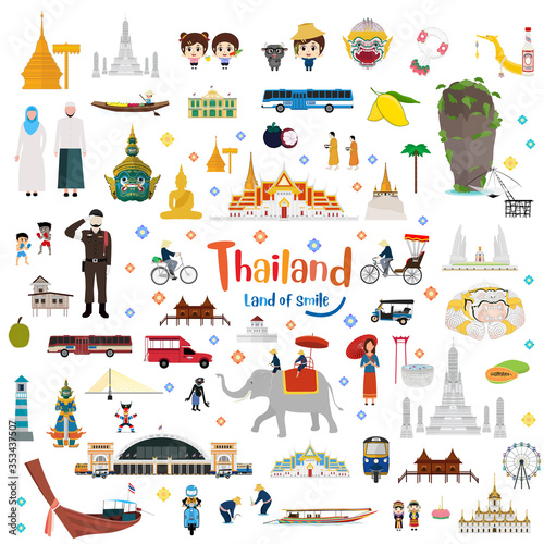Great of Thailand and Golden Grand Palace, Lifestyle, Landmarks, Buddhism, Transportation in flat style 