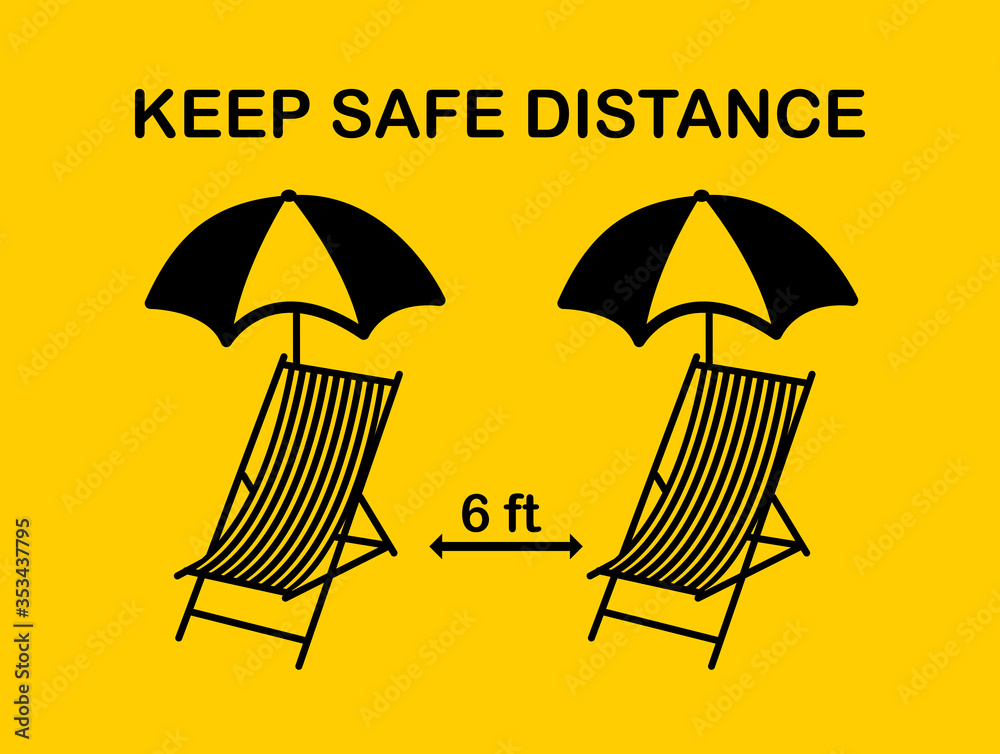 Social distancing icon.Keep Safe Distance 6 Feet sunbed and umbrella on