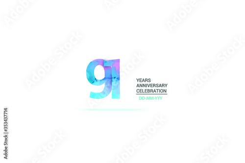 91 years anniversary celebration logotype. anniversary logo with watercolor purple and blue isolated on white background, vector design for celebration, invitation card, and greeting card-vector