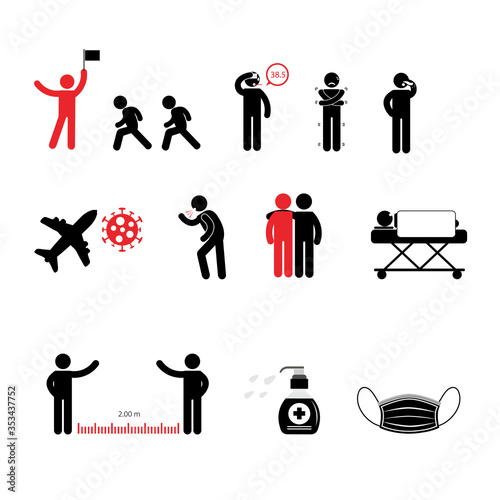Person basic body language pictogram, symptom and prevention covid-19