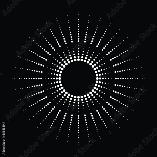 Radial white arrow speed lines in round form. Halftone dots. Explosion background. Star rays. Sunburst. Design element for frames, prints, web, template, logo and textile pattern