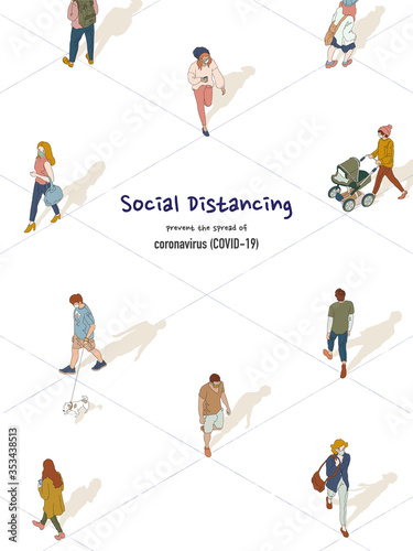 Vector of social distancing concept. People keep the distance from each other in public to protect from Coronavirus (COVID-19). Hand-drawn style illustration.