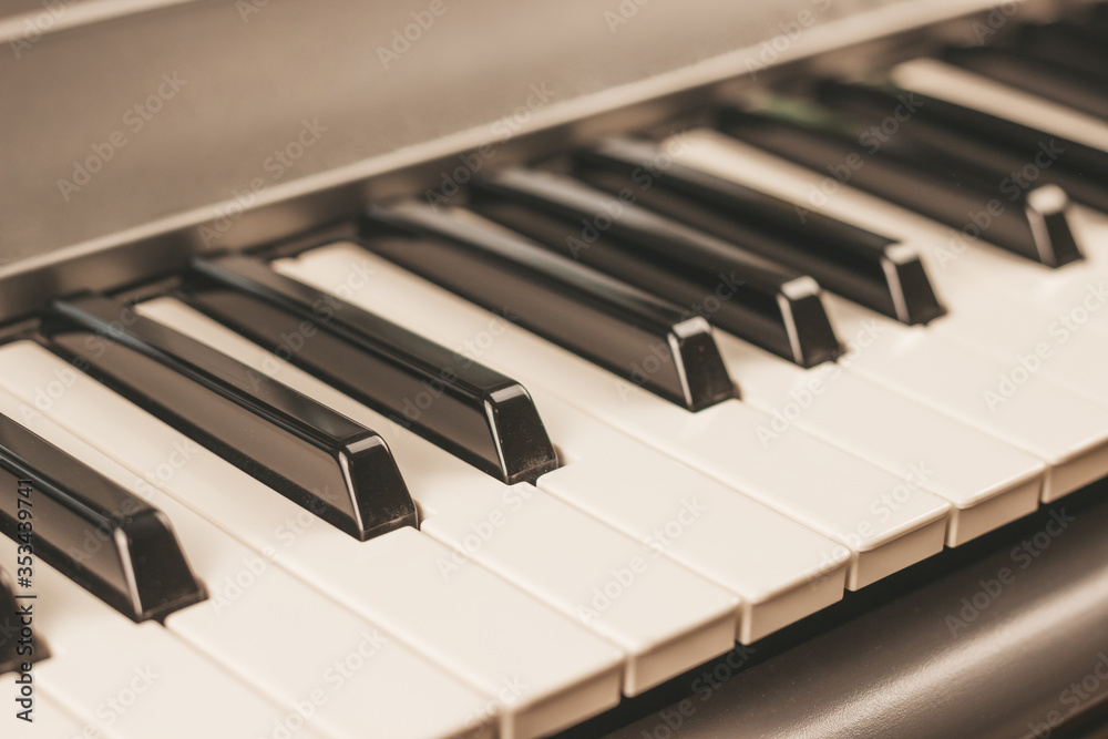 Close-up of white and black piano or synthesizer keys. Musical instrument. Hobbies music