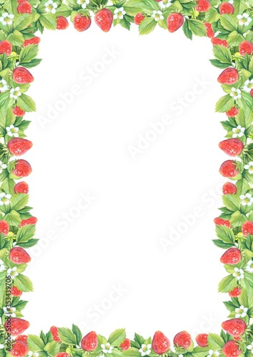 Watercolor strawberry frame isolated on the white background. Berries frame. 