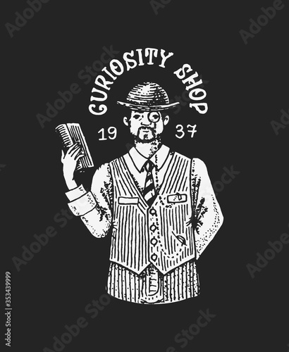 Antique gentleman label. Vintage golden card. Man Badge for Shop and store. Victorian ancient western logo for t-shirt and typography. Hand drawn engraved old sketch.