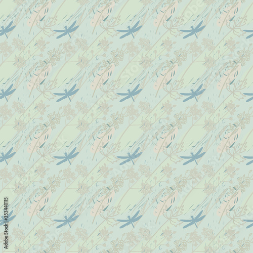 Vector seamless abstract floral summer pattern with herbs and dragonfly