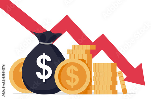Pile of cash, money bag and coins with failing graph, global  business crisis and recession  concept, vector illustration