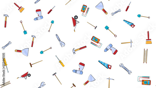 Texture, seamless pattern from a set of construction tools for repair: hammer, shovel, screwdriver, wrench, tester, brush, saw, trolley, trowel, ladder on a white background. Vector illustration