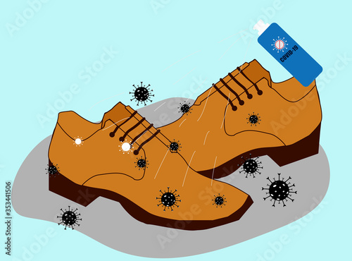 Alcohol spray bottle. Cleaning shoes from coronavirus (COVID-19) and bacteria when arrive home. Flat vector Illustration.
