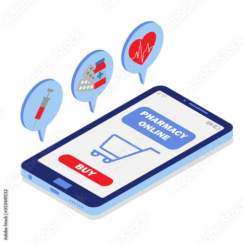 Phone with online pharmacy on the screen.
Online medicine.
Buy medicine online.
Vector isometric illustration. Blue color.