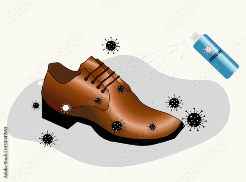 Alcohol spray bottle. Cleaning shoes from coronavirus (COVID-19) and bacteria when arrive home. Flat vector Illustration.