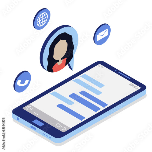 Messenger on the phone. Online communication with a girl. Vector isometric illustration. Blue color.