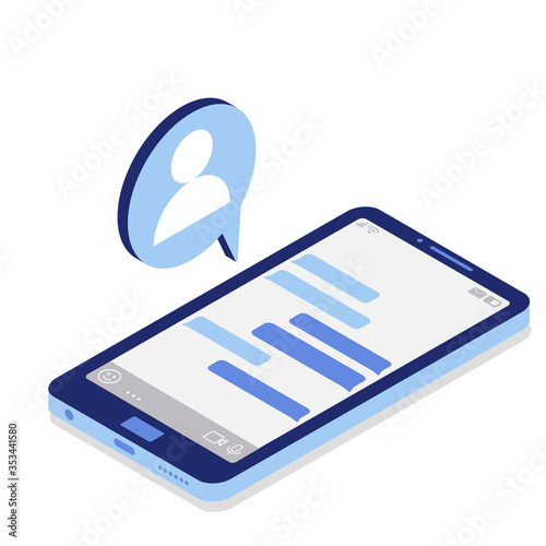 Messenger on the phone. Communication online. Vector isometric illustration. Blue color.