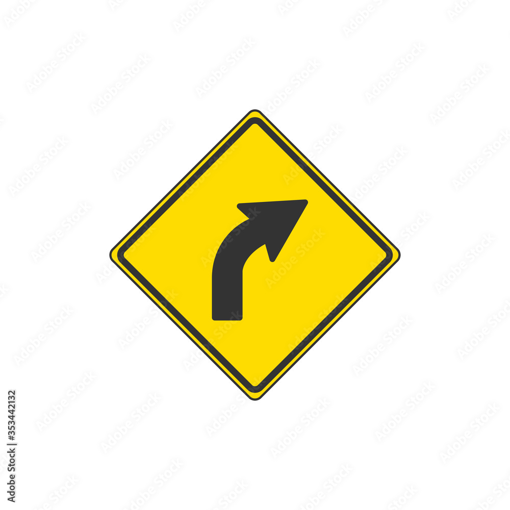 Yellow Right Curve Ahead Sign Isolated On White Background. Traffic Symbol Modern Simple Vector Icon Yellow Right Curve Ahead Sign Isolated On White Background. Traffic Symbol Modern Simple Vector Icon