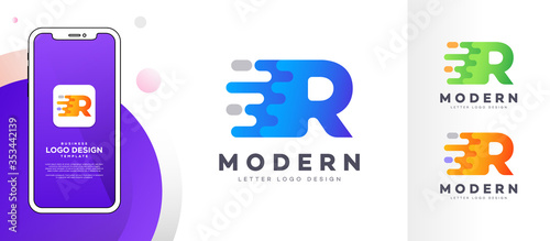 Letter R liquid abstract geometric logo design illustration. Fluid gradient elements. Mobile app UI style mock-up. Futuristic trendy dynamic company business logo design. Vector EPS template